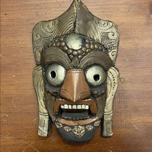 Vintage Mask Tibet Nepal Carved Wood w/ Brass Copper & Tin